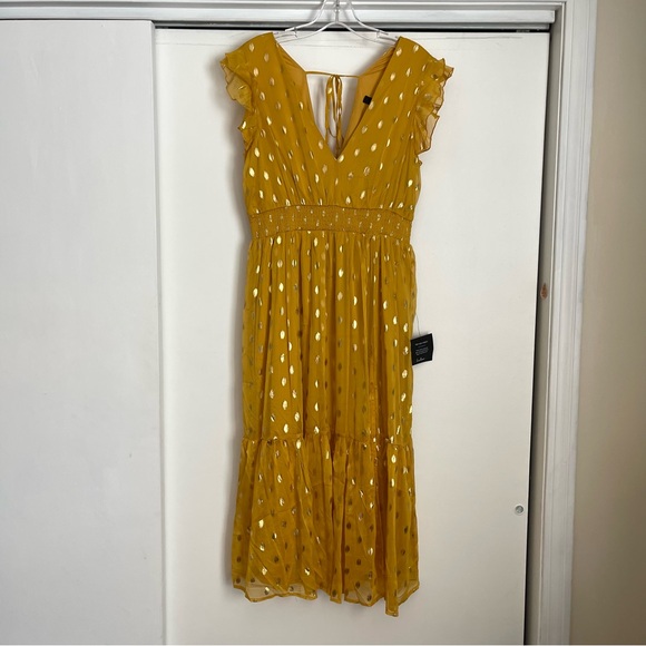 Lulus Yellow and Gold Dot Ruffled Tiered Midi Dress - Picture 2 of 4